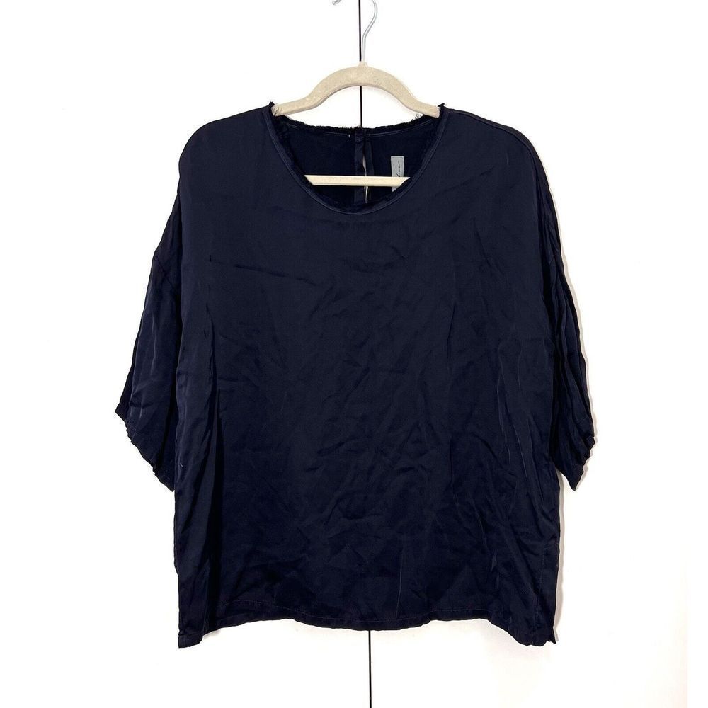 Raquel Allegra Satin Oversized T Shirt Women’s 2 Navy Blue Boxy Short Sleeve New